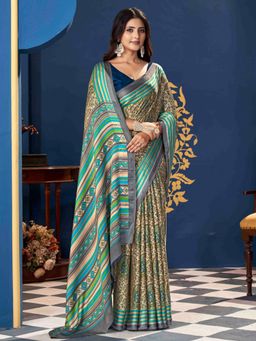 Sareemall - Women'S Pashmina Silk Teal Printed Designer Saree with Unstitched Blouse