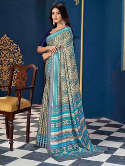 Akhilam - Women'S Pashmina Silk Cream Printed Designer Saree with Unstitched Blouse