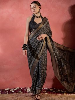 Sareemall - Women's Silk Blend Black Printed Designer Saree with Unstitched Blouse