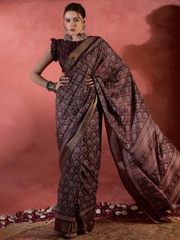 Sareemall - Women's Silk Blend Brown Printed Designer Saree with Unstitched Blouse