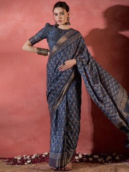 Sareemall - Women's Silk Blend Navy Blue Printed Designer Saree with Unstitched Blouse