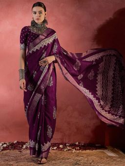 Sareemall - Women's Silk Blend Wine Printed Designer Saree with Unstitched Blouse