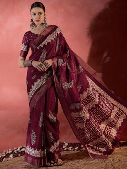 Sareemall - Women's Silk Blend Burgundy Printed Designer Saree with Unstitched Blouse