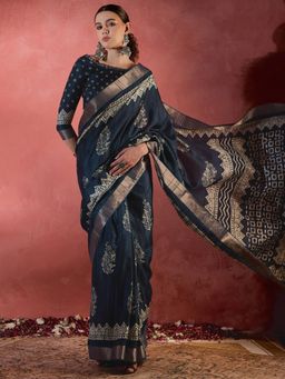 Sareemall - Women's Silk Blend Teal Blue Printed Designer Saree with Unstitched Blouse