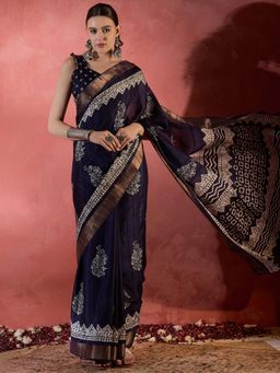 Sareemall - Women's Silk Blend Purple Printed Designer Saree with Unstitched Blouse
