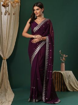 Sareemall - Women's Georgette Wine Embroidered Designer Saree with Unstitched Blouse