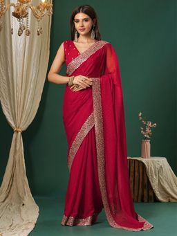 Sareemall - Women's Chiffon Pink Embroidered Designer Saree with Unstitched Blouse