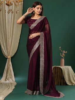 Sareemall - Women's Chiffon Wine Embroidered Designer Saree with Unstitched Blouse