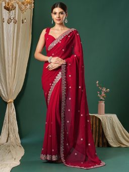 Sareemall - Women's Georgette Pink Embroidered Designer Saree with Unstitched Blouse