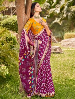 Sareemall - Women's Georgette Wine Printed Designer Saree with Unstitched Blouse