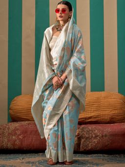 Sareemall - Women'S Linen Light Blue Woven Design Designer Saree with Unstitched Blouse