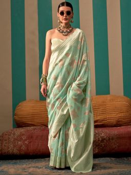 Sareemall - Women'S Linen Sea Green Woven Design Designer Saree with Unstitched Blouse