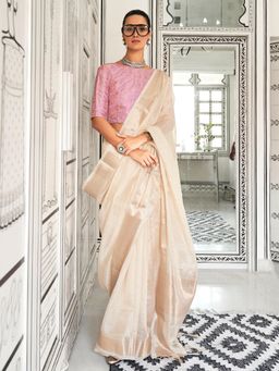 Akhilam - Women's Pure Chiffon Cream Woven Design Designer Saree with Unstitched Blouse