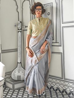 Akhilam - Women's Pure Chiffon Grey Woven Design Designer Saree with Unstitched Blouse