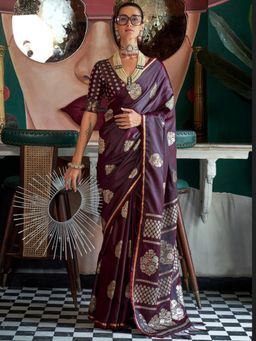 Akhilam - Women'S Satin Silk Burgundy Woven Design Designer Saree with Unstitched Blouse