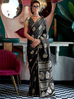 Akhilam - Women'S Satin Silk Black Woven Design Designer Saree with Unstitched Blouse
