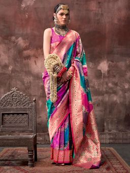 Sareemall - Women'S Silk Blend Multi-Color Woven Design Designer Saree with Unstitched Blouse