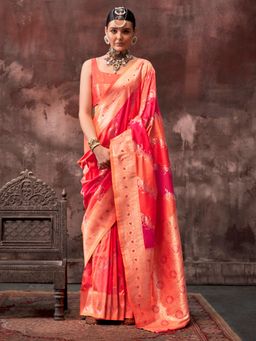 Sareemall - Women'S Silk Blend Orange Woven Design Designer Saree with Unstitched Blouse