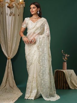 Sareemall - Women's Organza Off White Embroidered Designer Saree with Unstitched Blouse