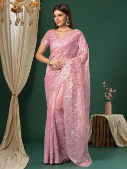 Sareemall - Women's Organza Pink Embroidered Designer Saree with Unstitched Blouse