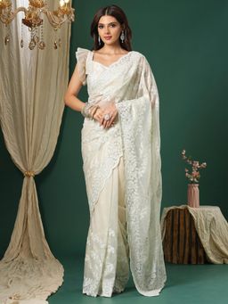 Sareemall - Women's Organza White Embroidered Designer Saree with Unstitched Blouse
