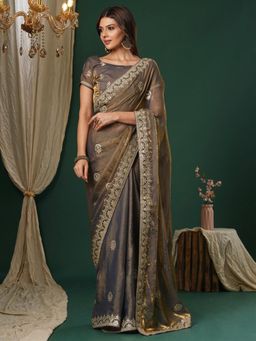 Sareemall - Women's Satin Silk Bronze Embroidered Designer Saree with Unstitched Blouse