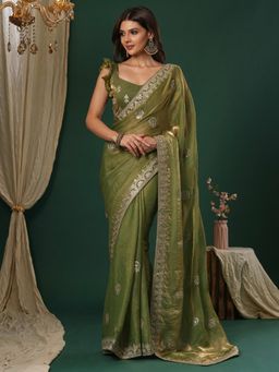 Sareemall - Women's Satin Silk Light Green Embroidered Designer Saree with Unstitched Blouse