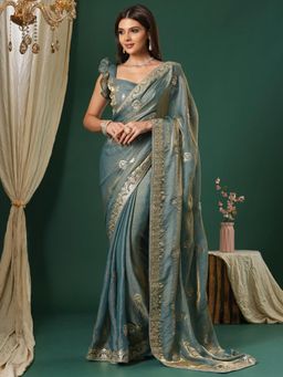 Sareemall - Women's Satin Silk Teal Embroidered Designer Saree with Unstitched Blouse