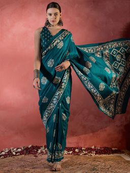 Sareemall - Women's Cotton Blend Teal Printed Designer Saree with Unstitched Blouse