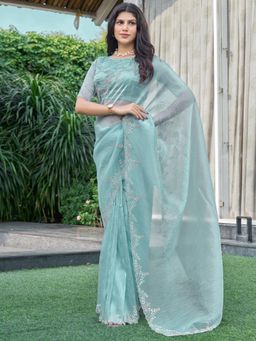 Sareemall - Women's Organza Light Blue Embellished Designer Saree with Unstitched Blouse