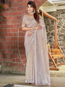 Sareemall - Women's Pure Silk Beige Embellished Designer Saree with Belt and Unstitched Blouse