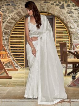 Sareemall - Women's Pure Silk Off White Embellished Designer Saree with Belt and Unstitched Blouse