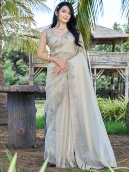 Sareemall - Women's Organza Off White Embellished Designer Saree with Unstitched Blouse