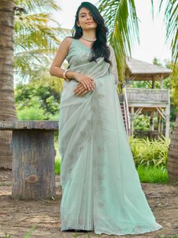 Sareemall - Women's Organza Sea Green Embellished Designer Saree with Unstitched Blouse