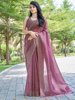 Sareemall - Women's Organza Wine Embellished Designer Saree with Unstitched Blouse
