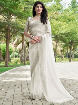 Sareemall - Women's Organza Off White Embellished Designer Saree with Unstitched Blouse