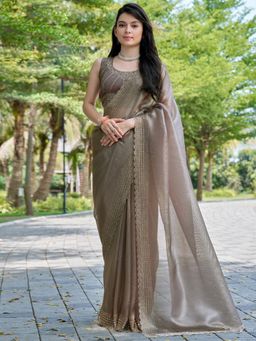 Sareemall - Women's Organza Brown Embellished Designer Saree with Unstitched Blouse