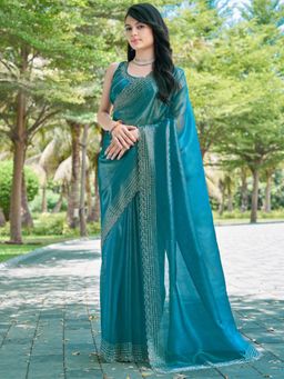 Sareemall - Women's Organza Teal Embellished Designer Saree with Unstitched Blouse