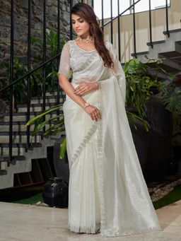 Sareemall - Women's Organza Off White Embellished Designer Saree with Unstitched Blouse