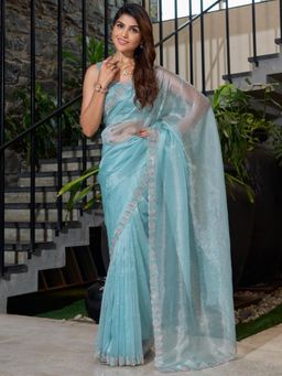 Sareemall - Women's Organza Light Blue Embellished Designer Saree with Unstitched Blouse