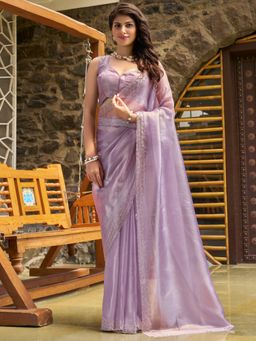 Sareemall - Women's Organza Lavender Embellished Designer Saree with Belt and Unstitched Blouse