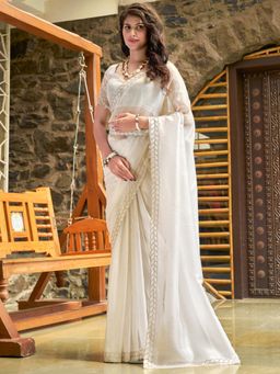 Sareemall - Women's Organza Off White Embellished Designer Saree with Belt and Unstitched Blouse