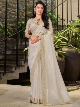 Sareemall - Women's Organza Cream Embellished Designer Saree with Unstitched Blouse