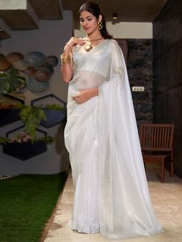 Sareemall - Women's Organza Off White Embellished Designer Saree with Unstitched Blouse