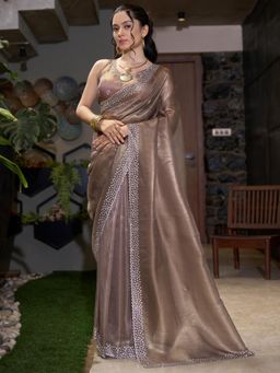 Sareemall - Women's Organza Brown Embellished Designer Saree with Unstitched Blouse