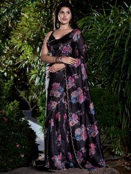 Sareemall - Women's Silk Blend Black Embellished Designer Saree with Unstitched Blouse