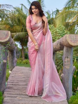 Sareemall - Women's Organza Pink Embellished Designer Saree with Unstitched Blouse