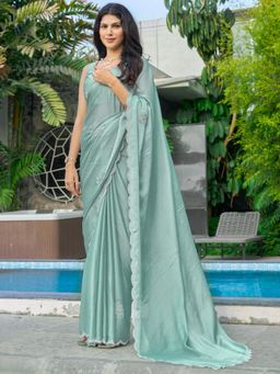 Sareemall - Women's Pure Chiffon Green Embellished Designer Saree with Unstitched Blouse