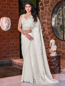 Sareemall - Women's Satin Silk Off White Embellished Designer Saree with Unstitched Blouse