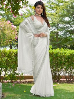 Sareemall - Women's Pure Chiffon Off White Embellished Designer Saree with Unstitched Blouse